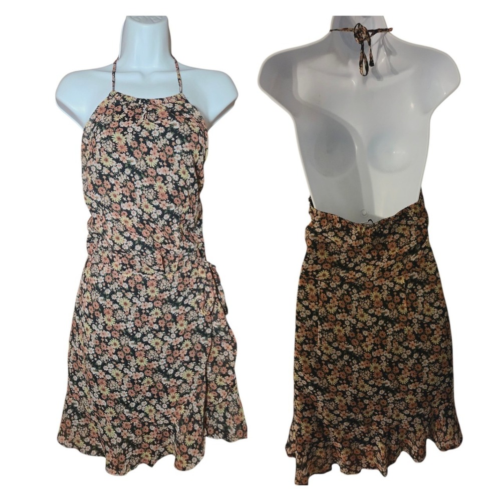 Abercrombie & Fitch Floral‎ Halter Backless Faux Wrap Mini Dress M Pink Black